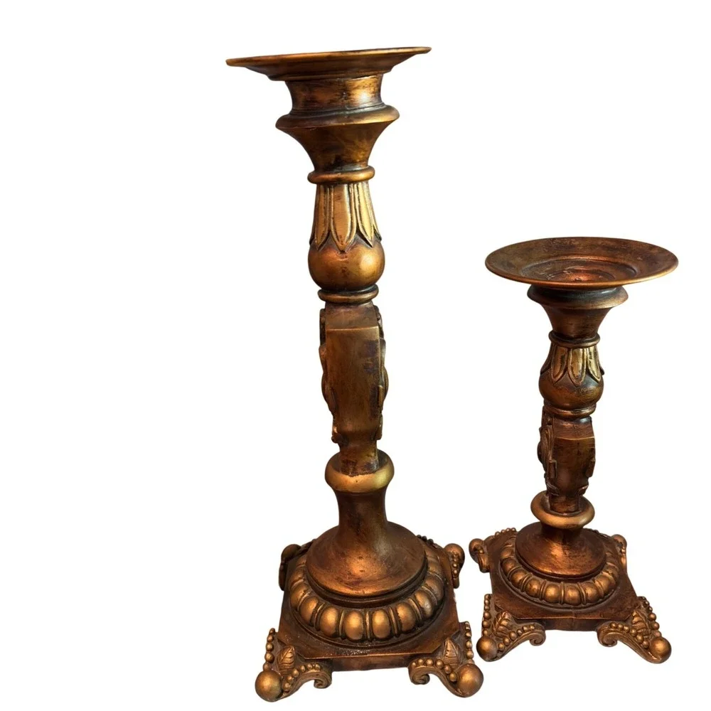Vtg Bronze Gold Taper Candle Holders Set of 2 Mid Century Modern Boho Home Decor